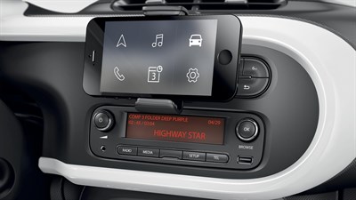 An iPhone mounted horizontally from the mobile holder displays its features as a symbol