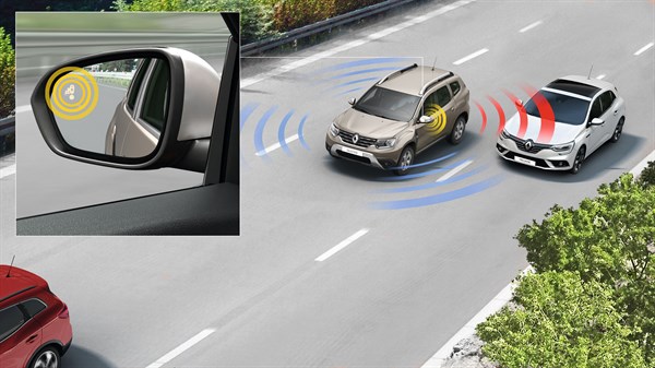 Renault Duster's left mirror shows a warning light when another car comes nearby