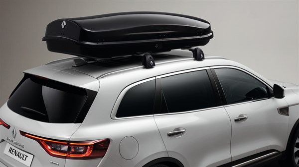 A roof box mounted on the New Renault KOLEOS is shown from a side view