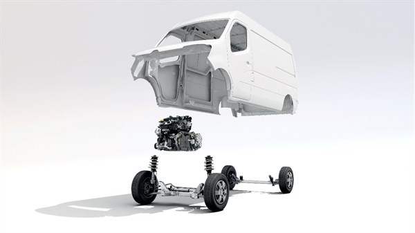 Renault Master displaying its traction capacity in the form of wheels, engine, and outer body