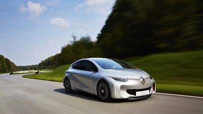 A motion view of a silver car